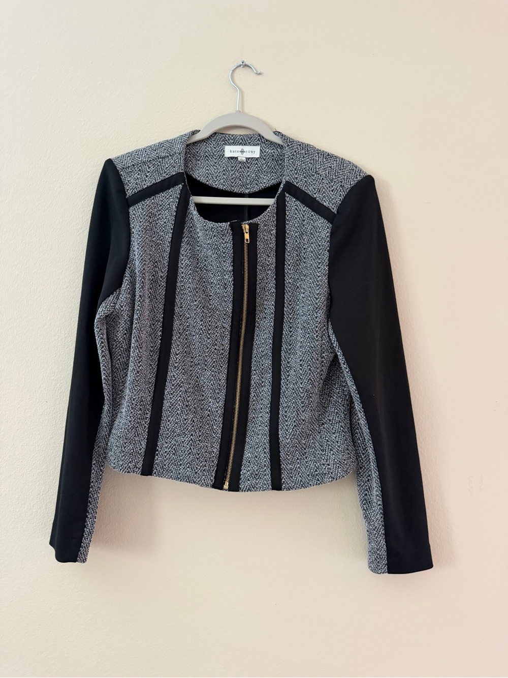 Vintage Black & Gray Herringbone Zip-Front Blazer Jacket